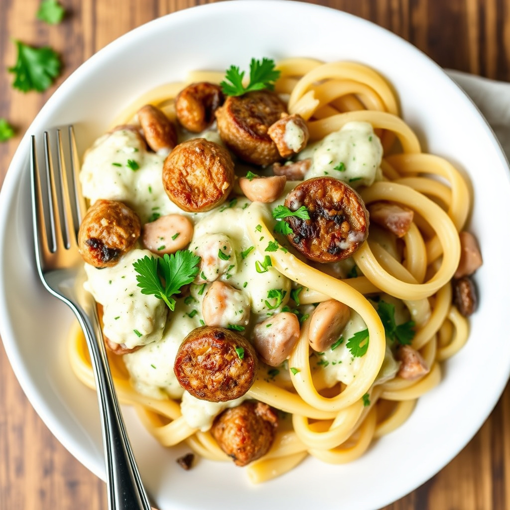 Bakt pasta med pølse og baby portobellosopp i hvit saus