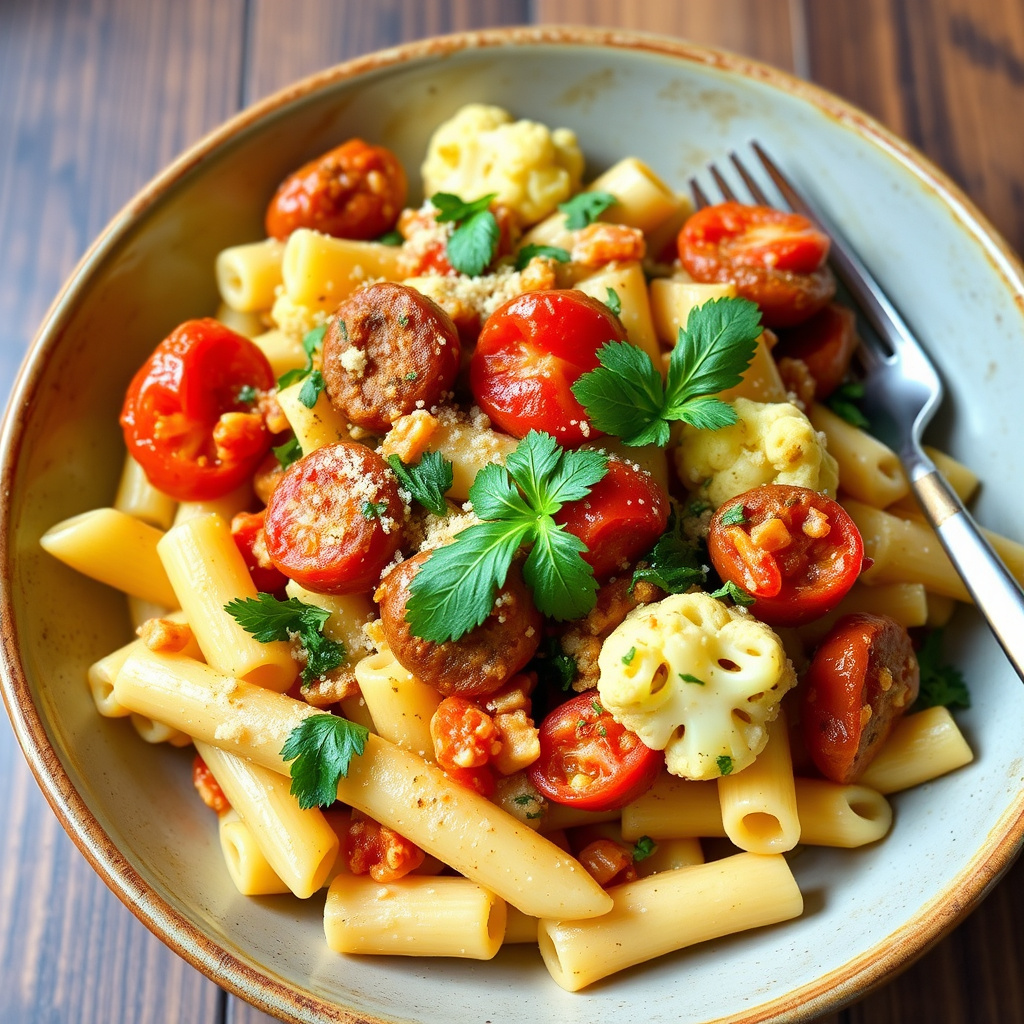 Bakt penne med pølse, tomat og blomkål