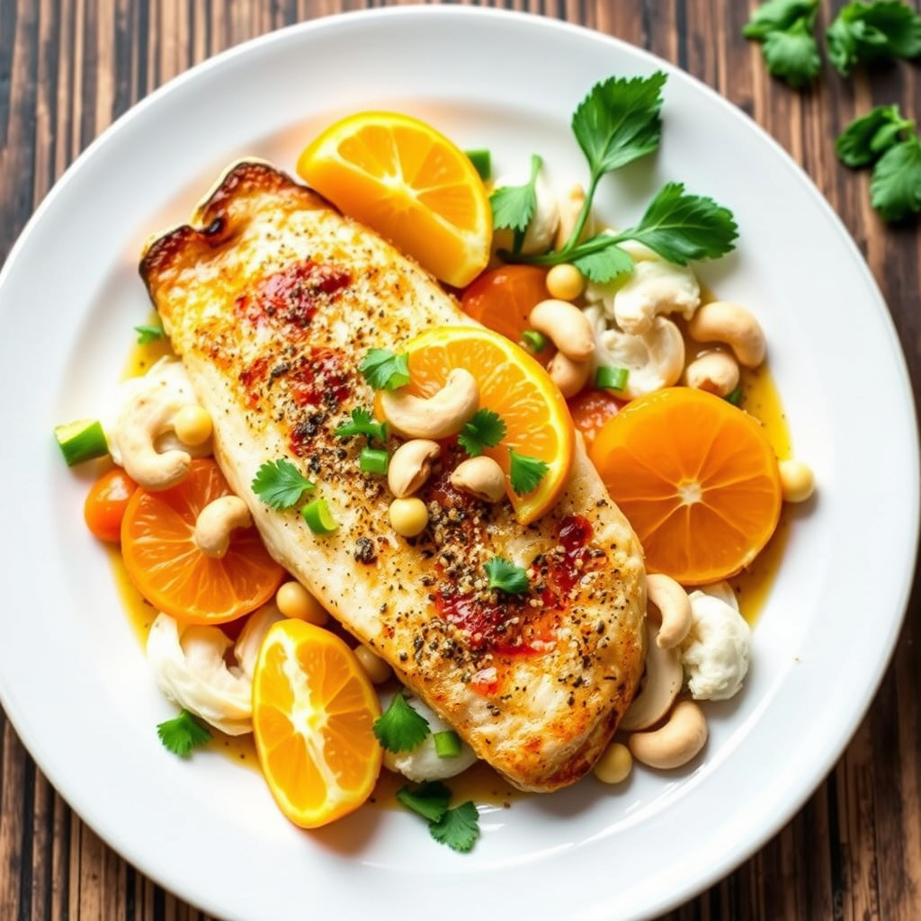 Bakt snapper med mandariner, cashewnøtter og ingefær