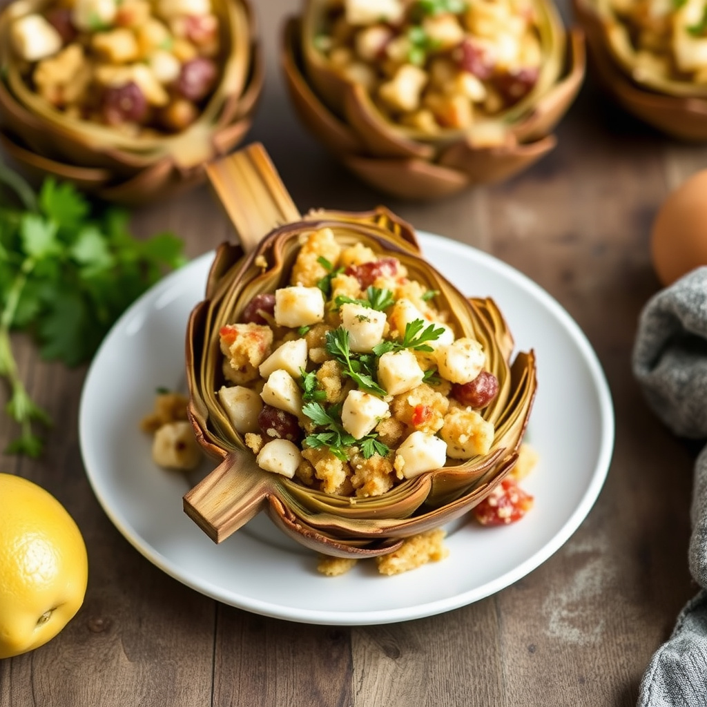 Bakte artisjokker med krabbe- og surdeigsfyll