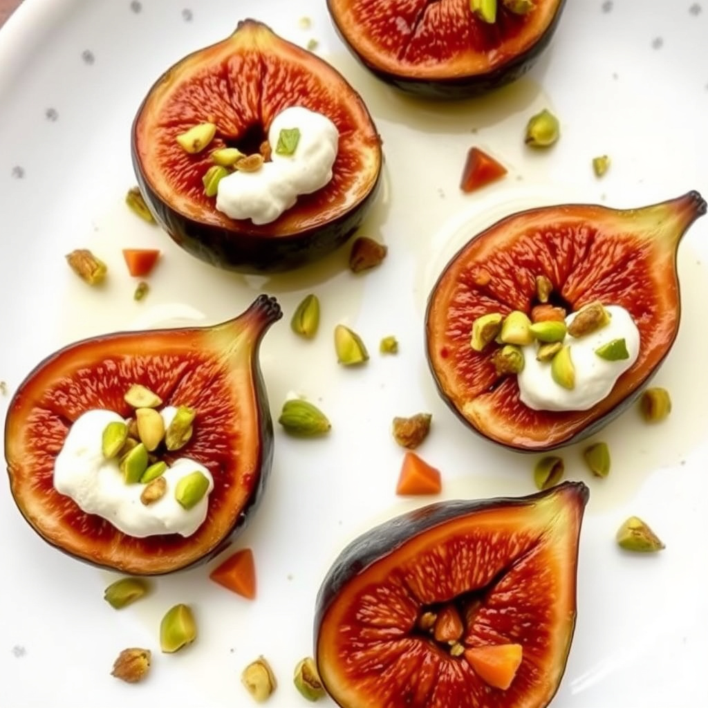 Bakte fiken med hakkede pistasjnøtter i mascarpone