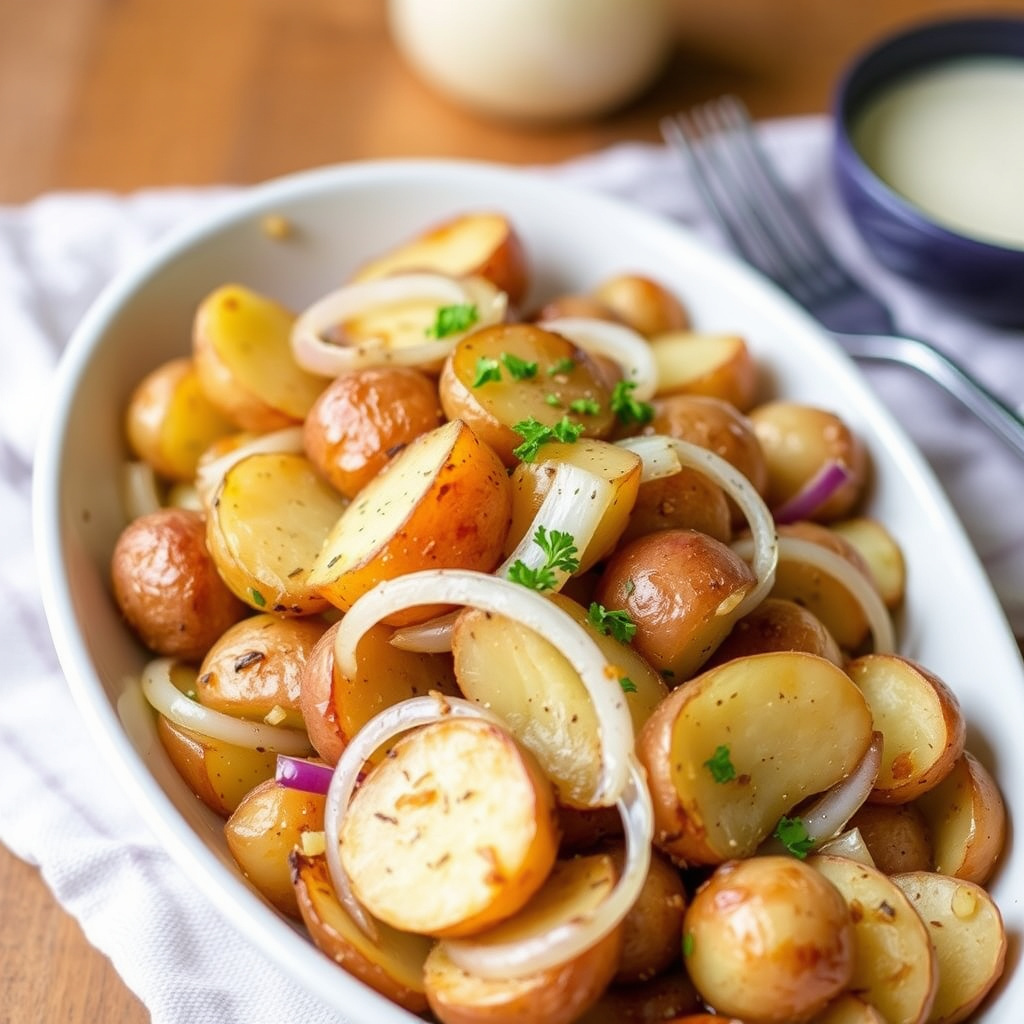 Bakte krydrede poteter og løk