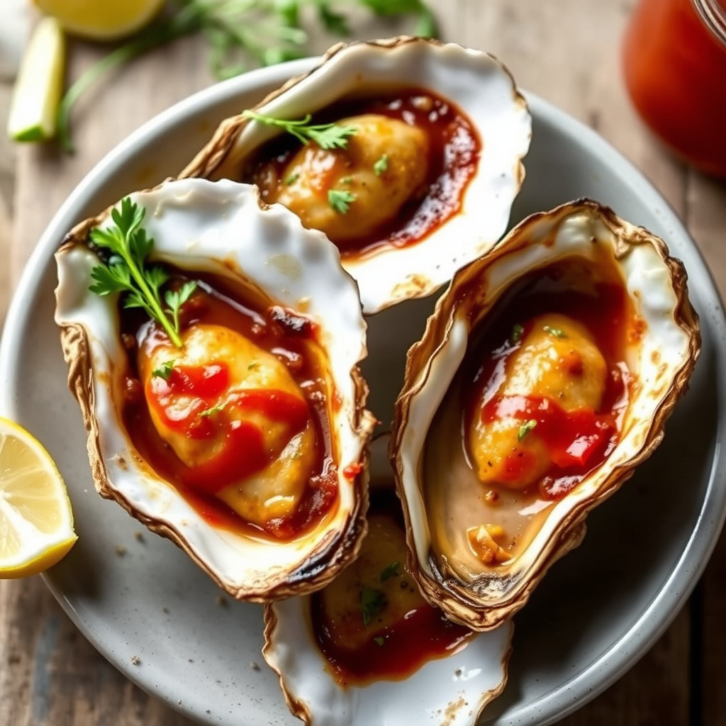 Bakte lavlandsøsters fra Fire Roasted med estragon og smør med rød hot-saus