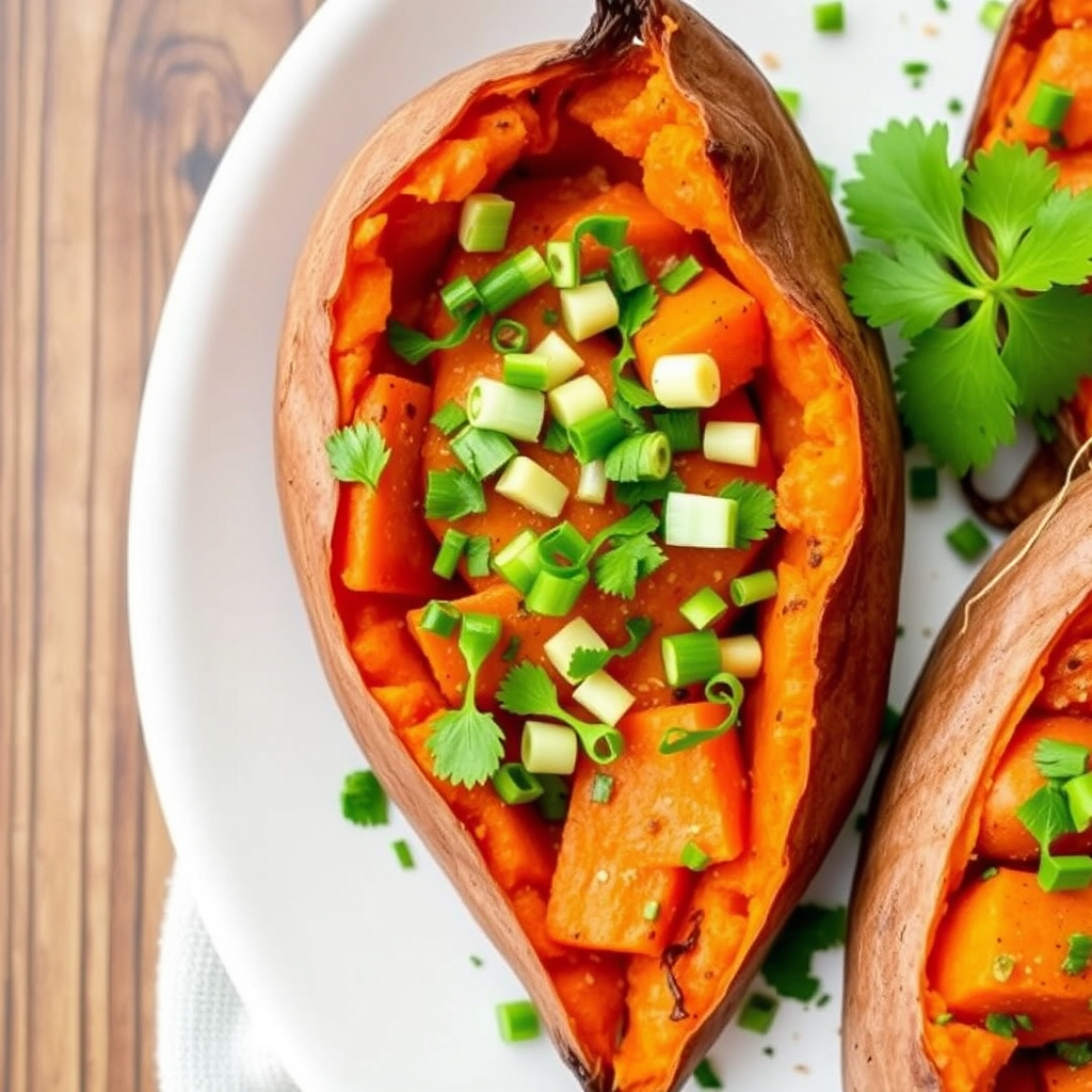 Bakte søtpoteter med vårløk og koriander