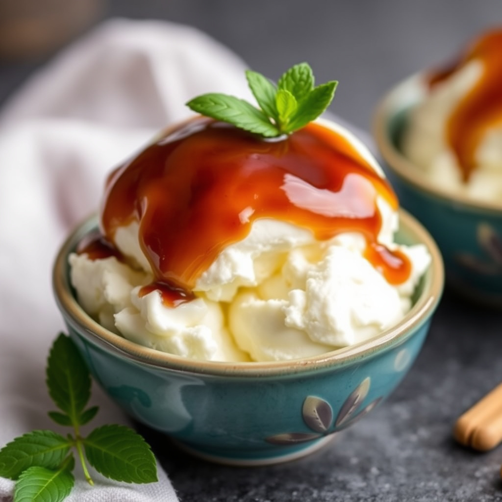 Balsamico-karamellsaus over vaniljeis