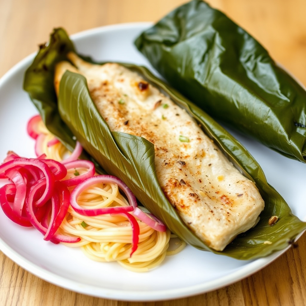 Chilensk seabass i bananblad med syltet rødløk og mais-salsa