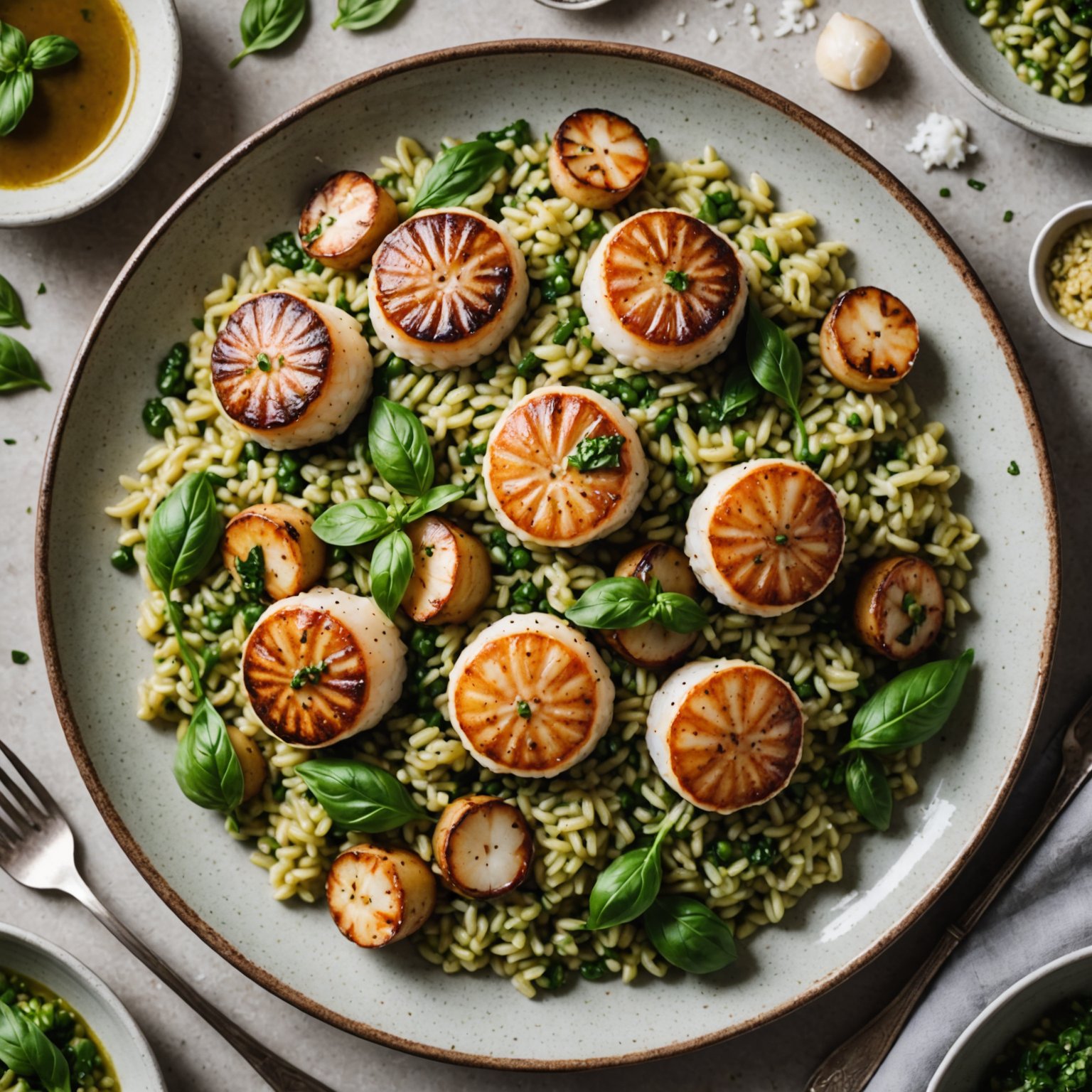 Basilikum-pesto risotto med stekte kamskjell i panne
