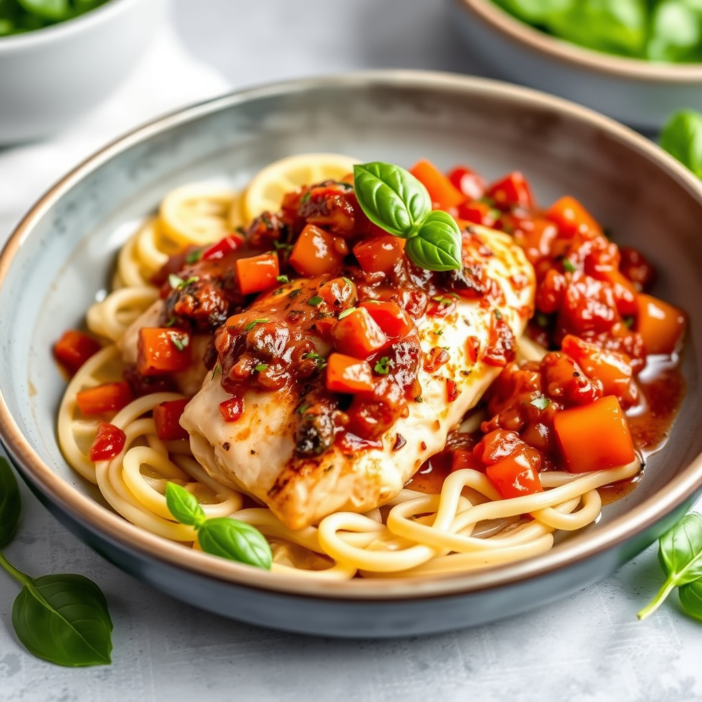 Basilikummarinert kylling med caponata