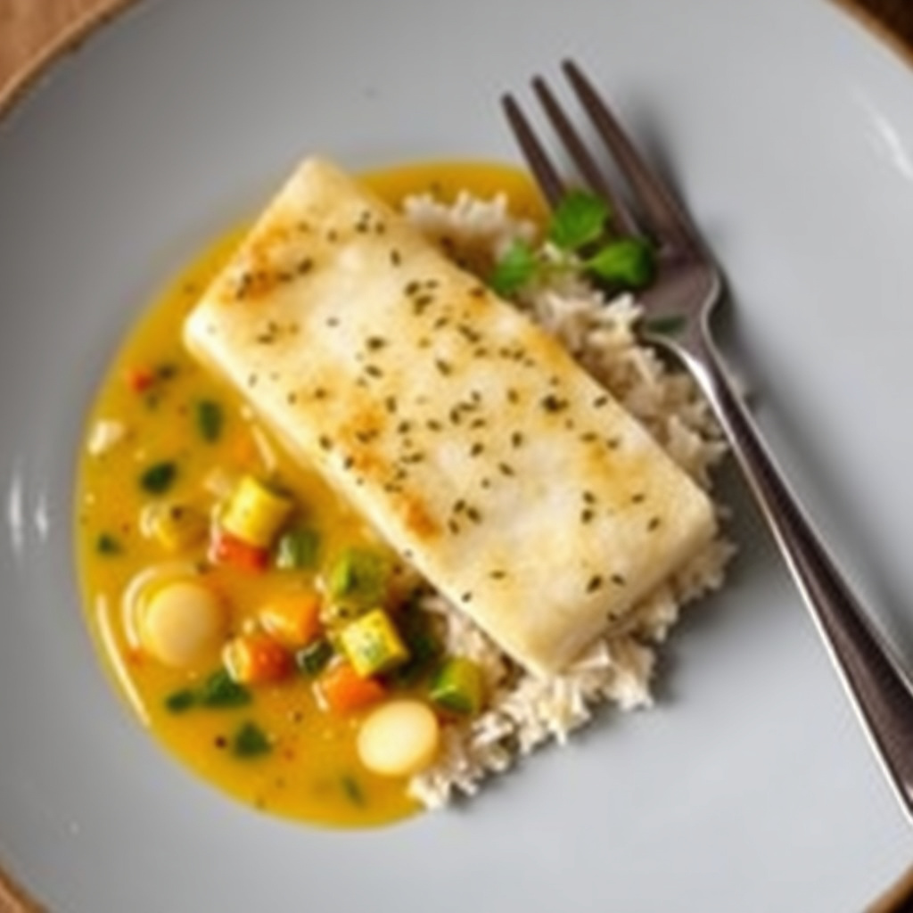 Bass med urteris og kokos-vegetarisk suppe