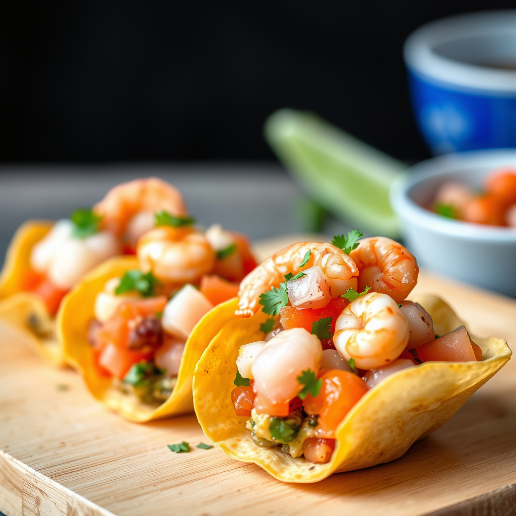 Bay Scallop, reker og Ahi-tunfisk ceviche i tortillakopper