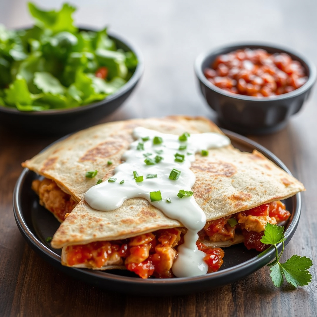 BBQ kyllingquesadilla med røkt tomatrelish og kulturmelk-dressing