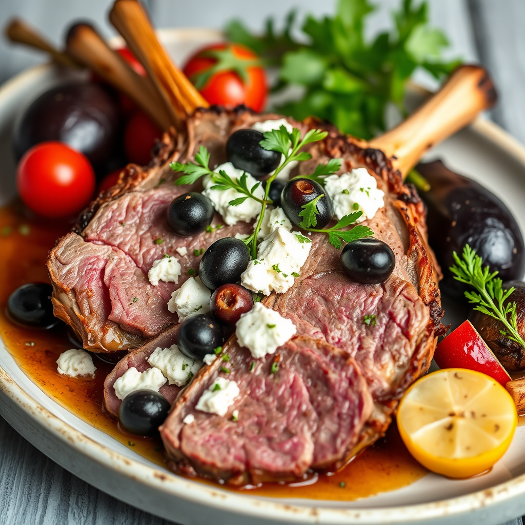 Benfri stek av lammelår med fetaost, oliven og små auberginer