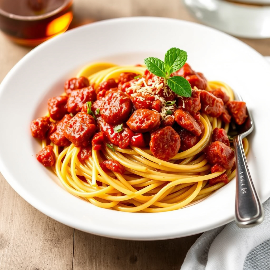 Beruset spaghetti med varm salami-kjøttsaus