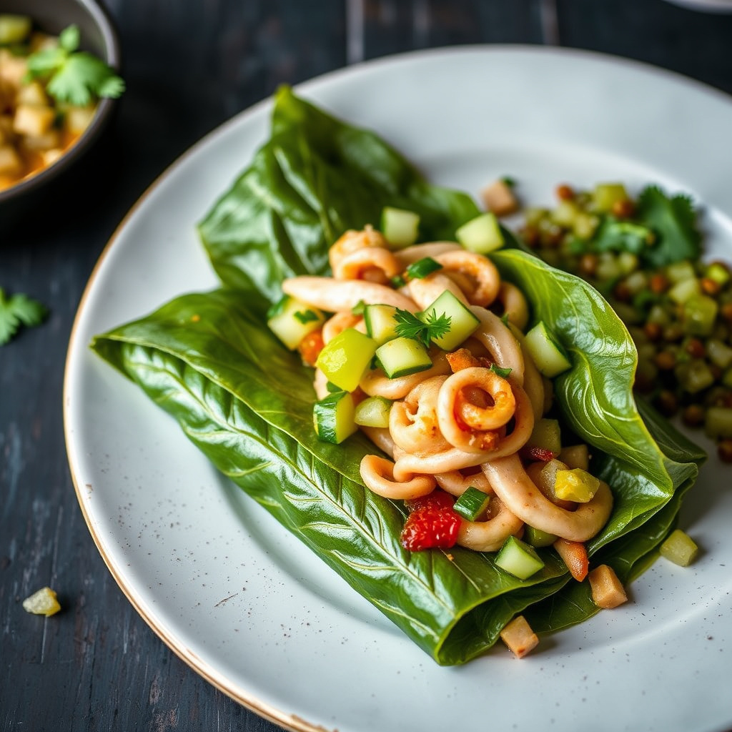 Betelbladinnpakninger med krydret blekksprut og agurksalat
