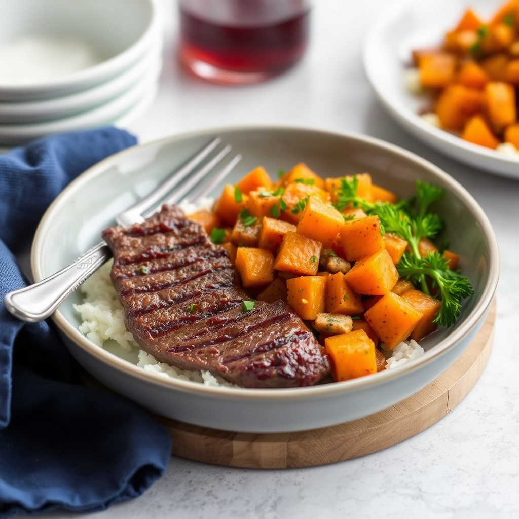 Biff med søtpotet-hash