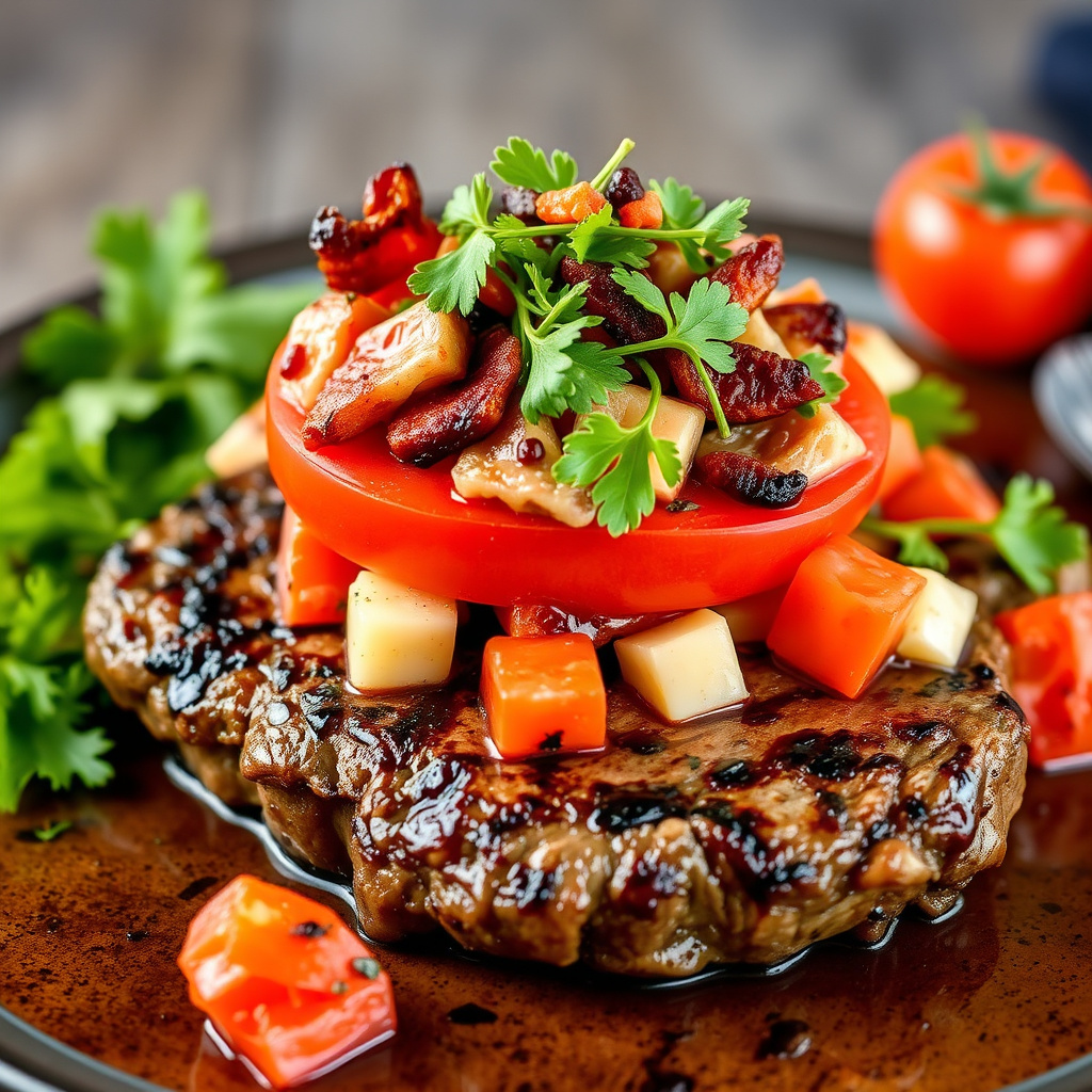 Biff med tomat- og bacon-salat-topping