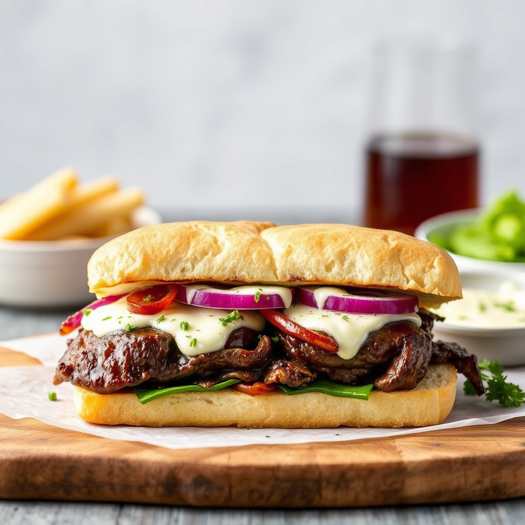 Biff- og blåmuggostsandwich med alt tilbehør