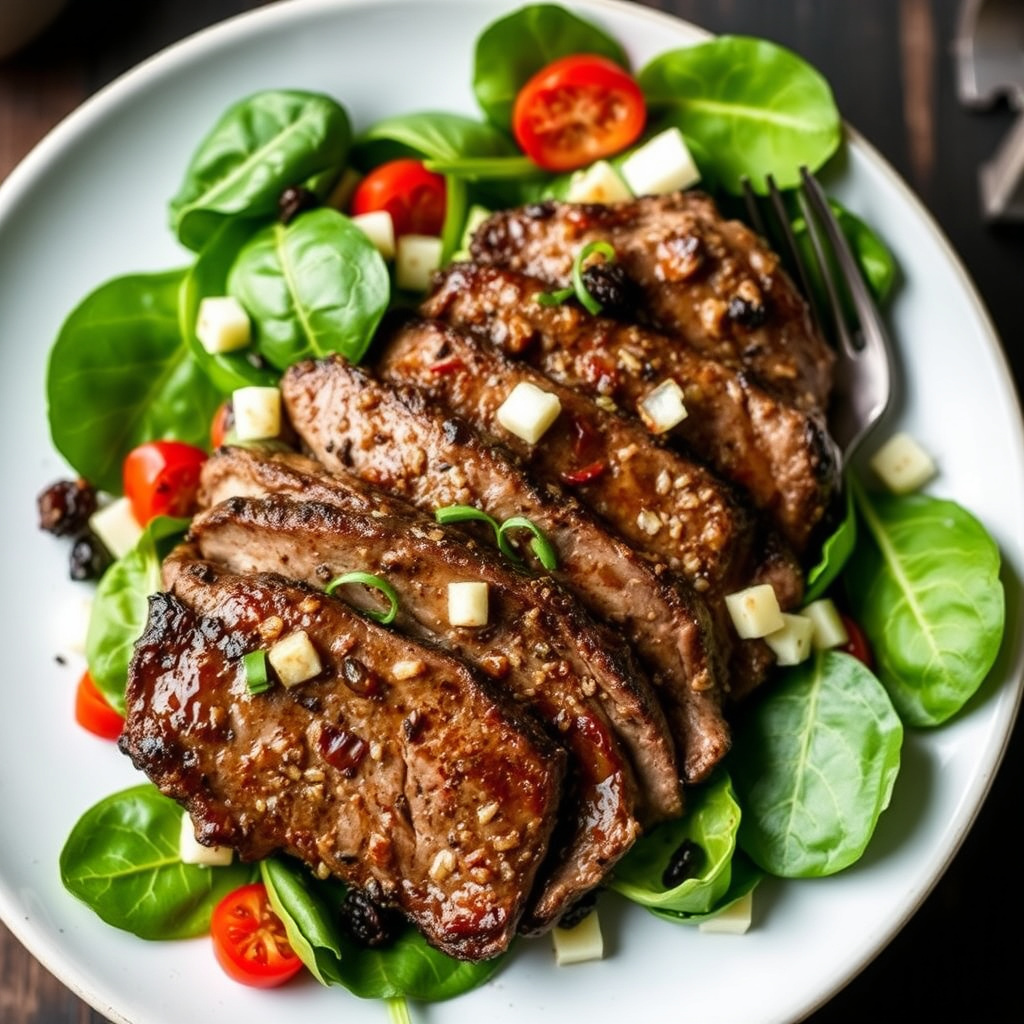 Biff- og spinatsalat