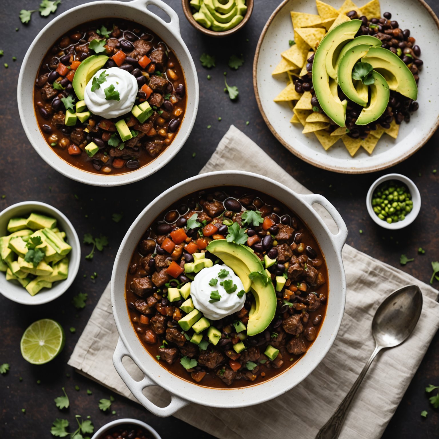 Biff- og svartbønne-chili med ristet spisskummen-crema og avokadorelish