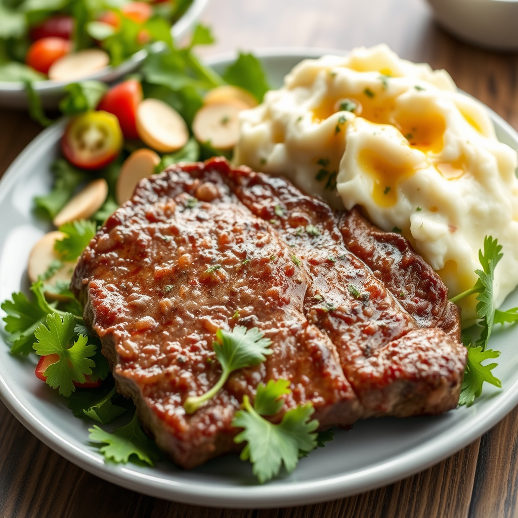 Biff, potetmos og salat
