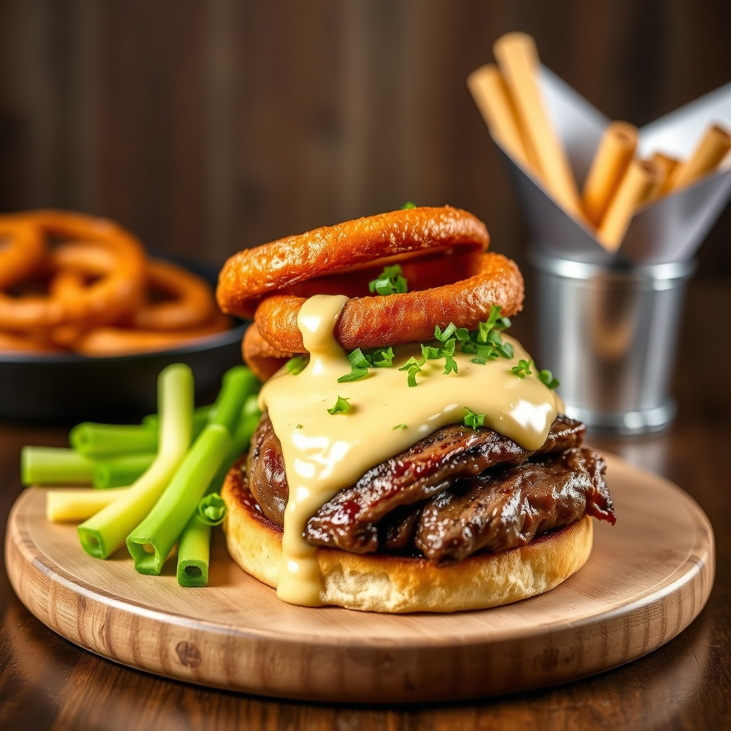 Biffsmørbrød med løkringer og ostesaus