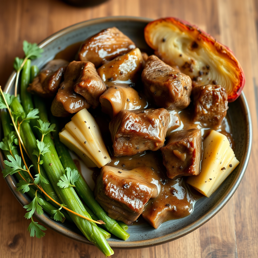 Biffstrimler og artisjokker med merlot og peppergravy