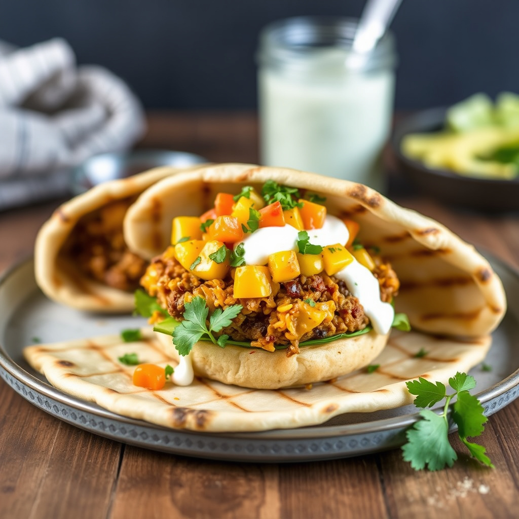 Biryani-burger med mangosalsa og yoghurtsaus i nanbrød