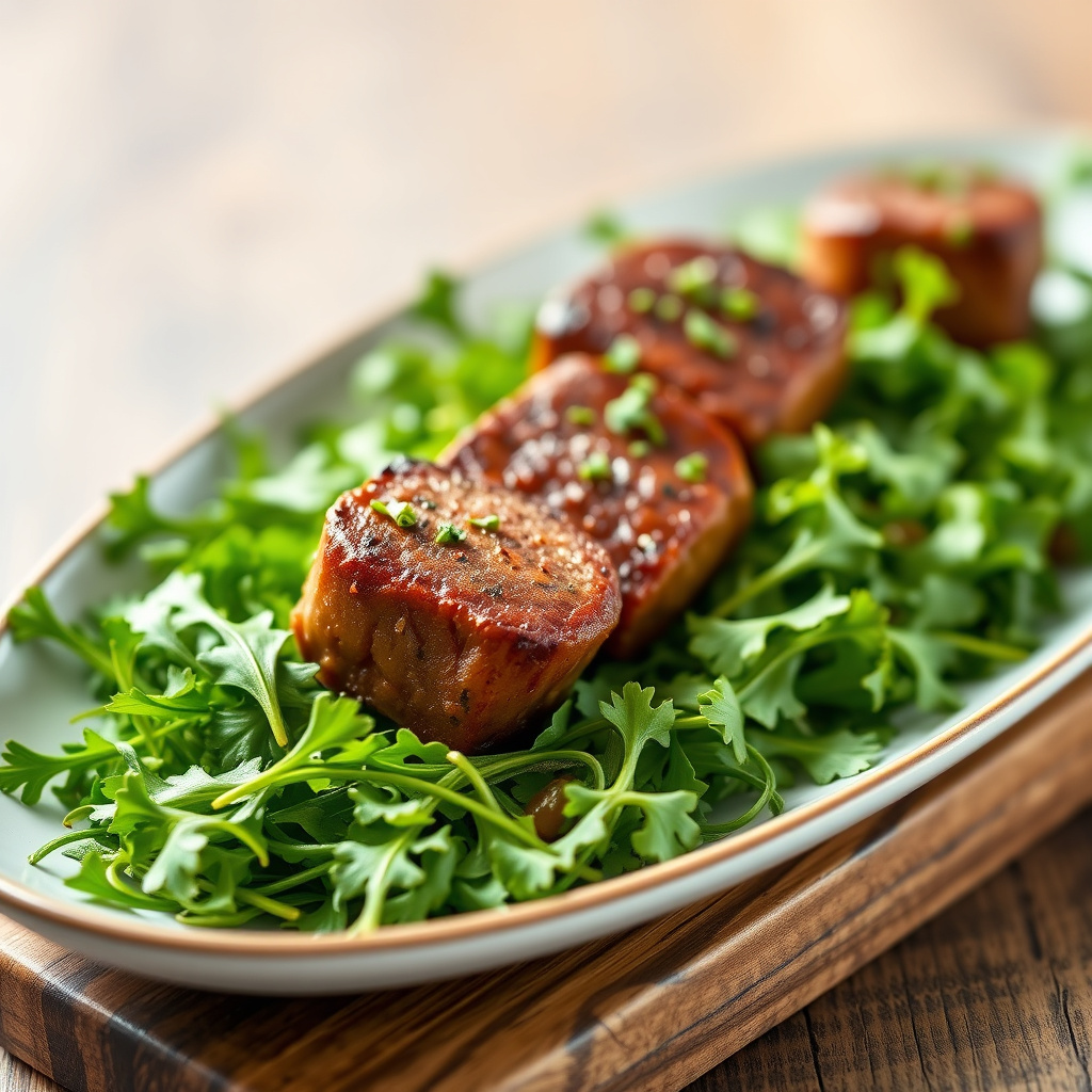 Biter av oksetenderloin på en seng av ruccola