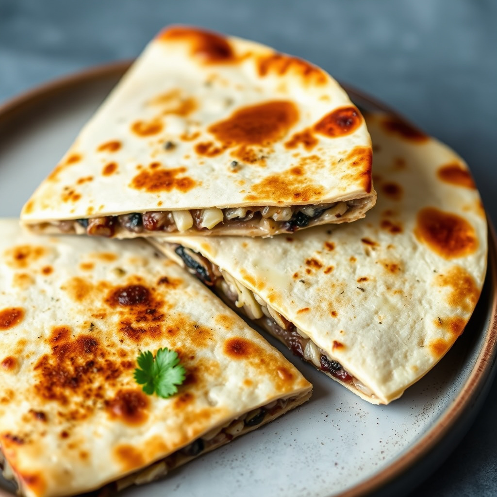 Blå mais, sopp og ost quesadillas