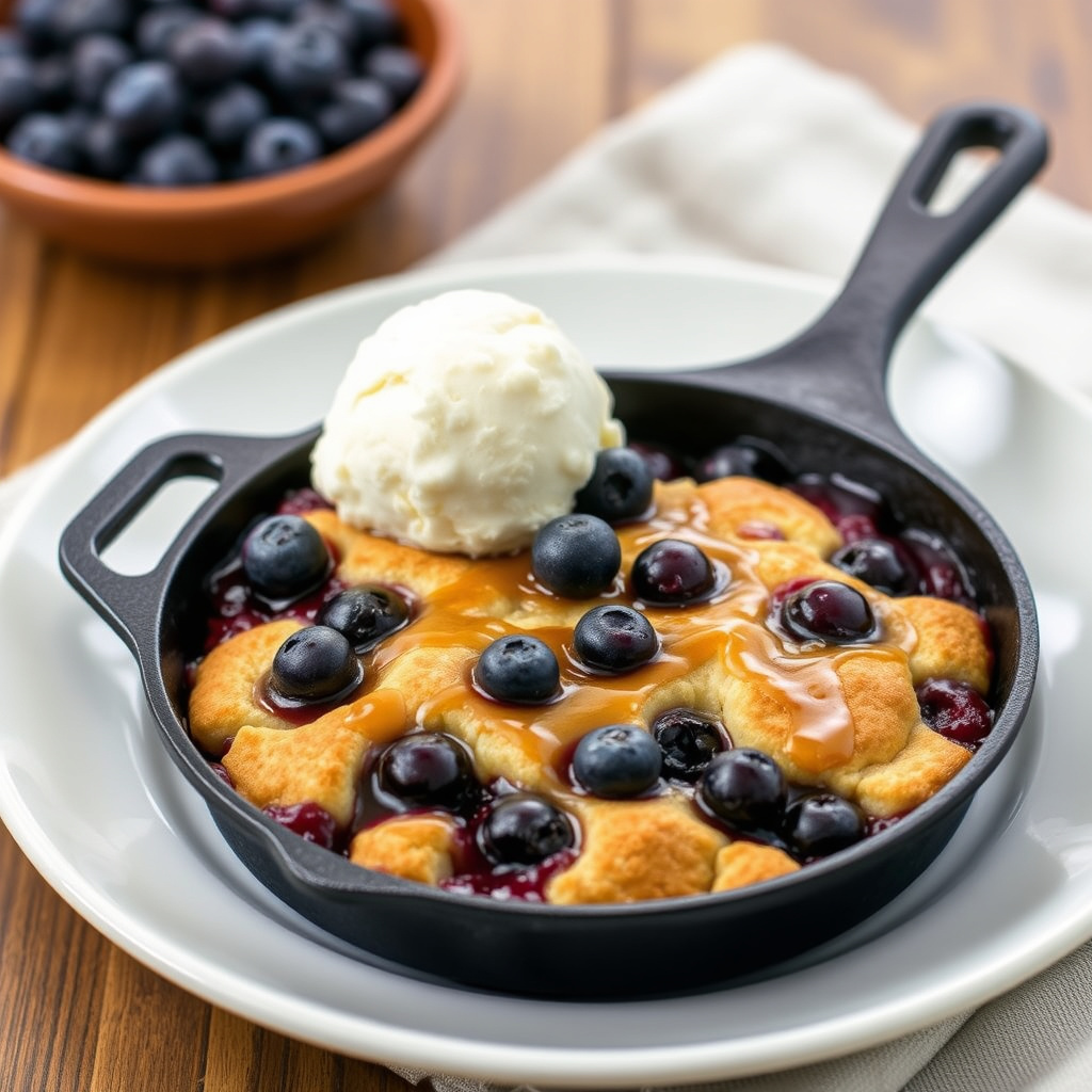 Blåbær-karamell-grateng i stekepanne