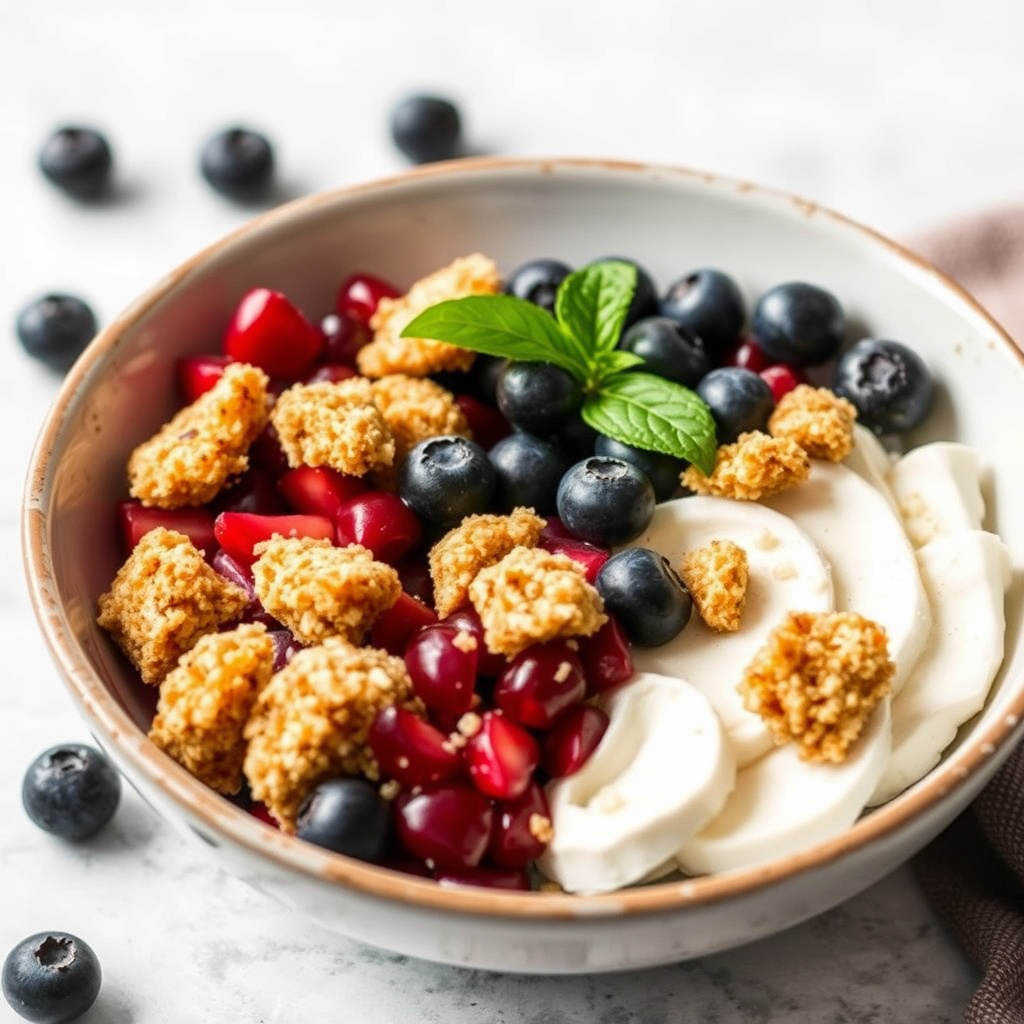 Blåbær- og granateplepowerbolle med ristet quinoa-croutoner