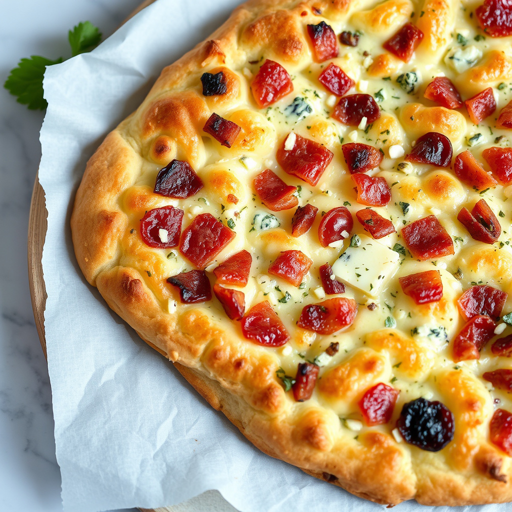 Blåmuggost- og baconfocaccia