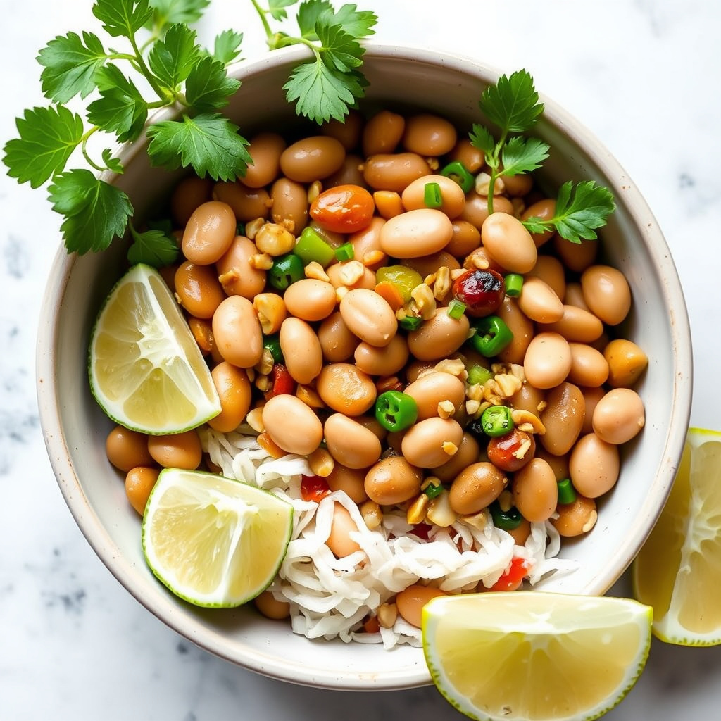 Blandede bønner med peanøtter, ingefær og lime