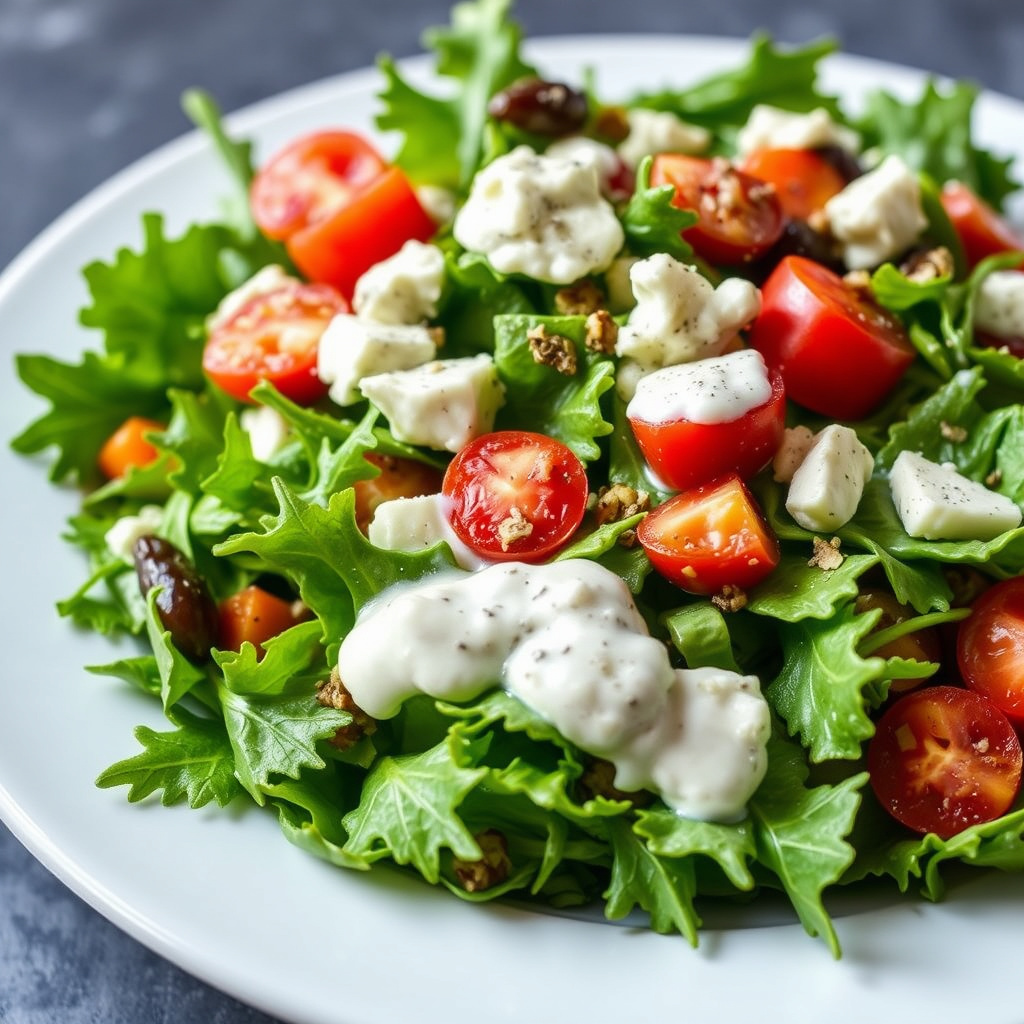 Blandet grønn salat med Roquefort-dressing