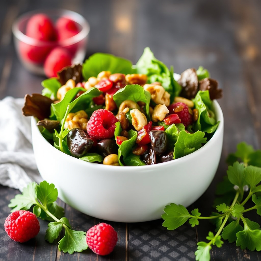 Blandet grønt med bringebær- og valnøttdressing