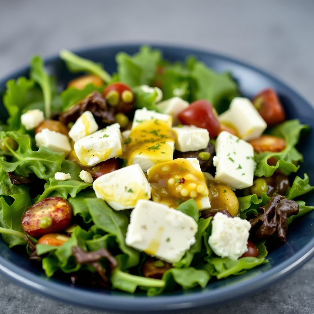 Blandet grønt med geitemelksost og honningvinaigrette