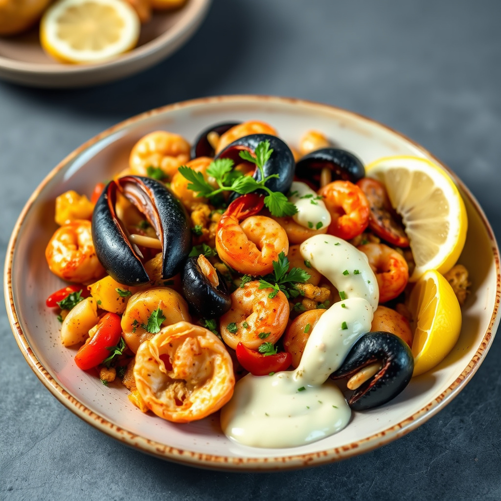 Blandet sjømatpaella med hvitløksaioli