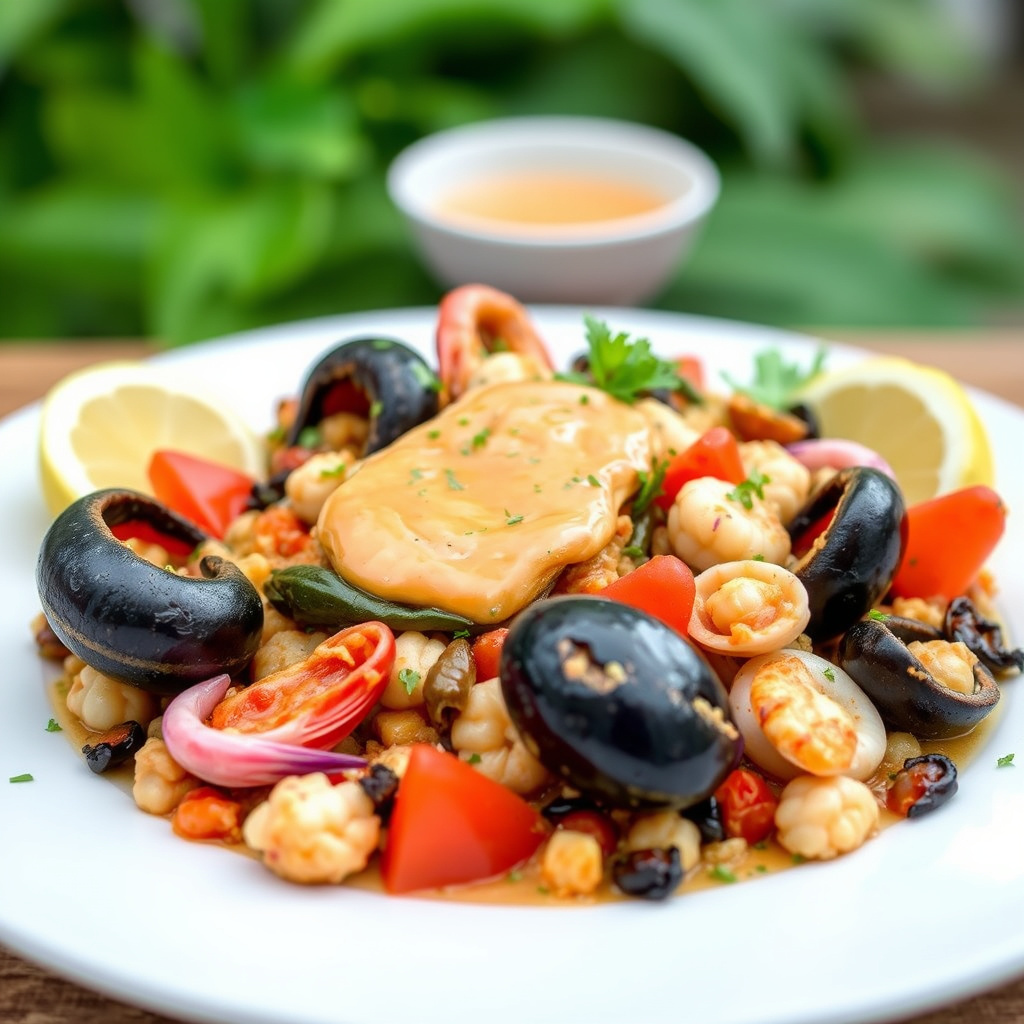 Blandet sjømatpaella med thai-kylling- og chili-aioli