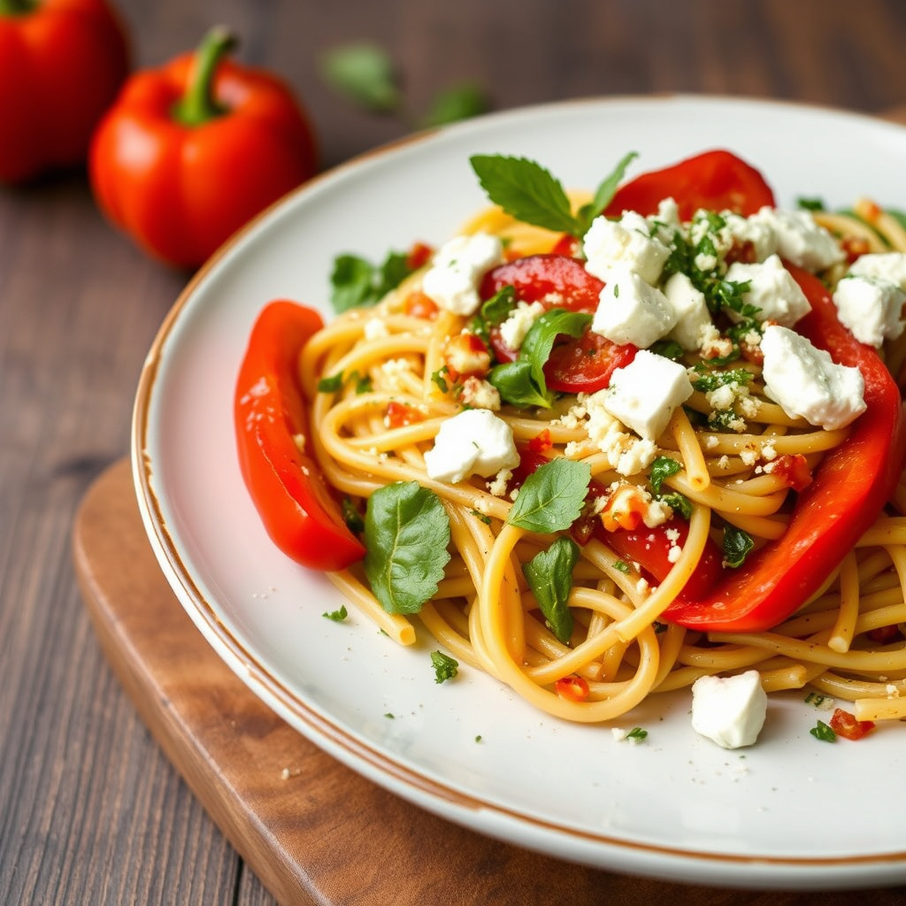 Blandet urtepasta med røde paprika og fetaost