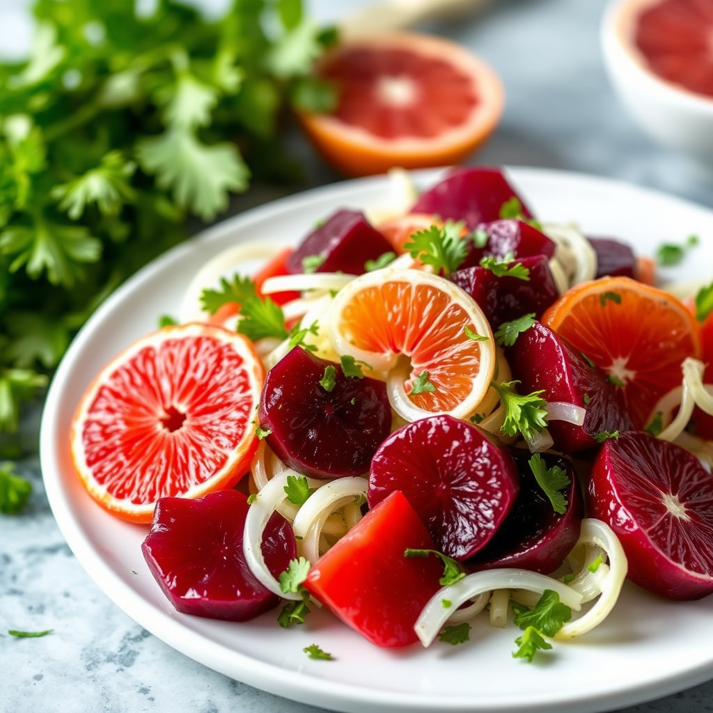 Blodappelsin-, rødbete- og fennikelsalat