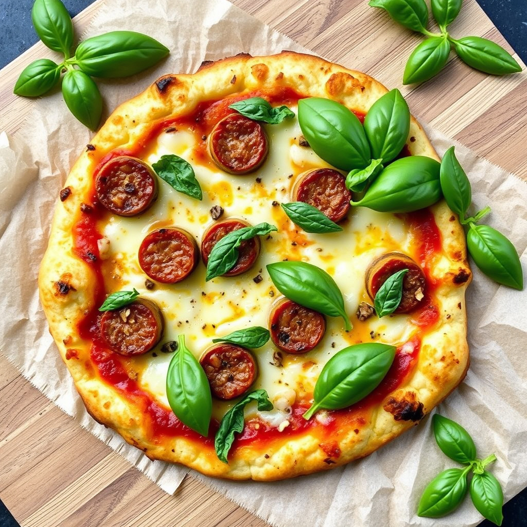 Blomkålspizzabunn med pølse og basilikum