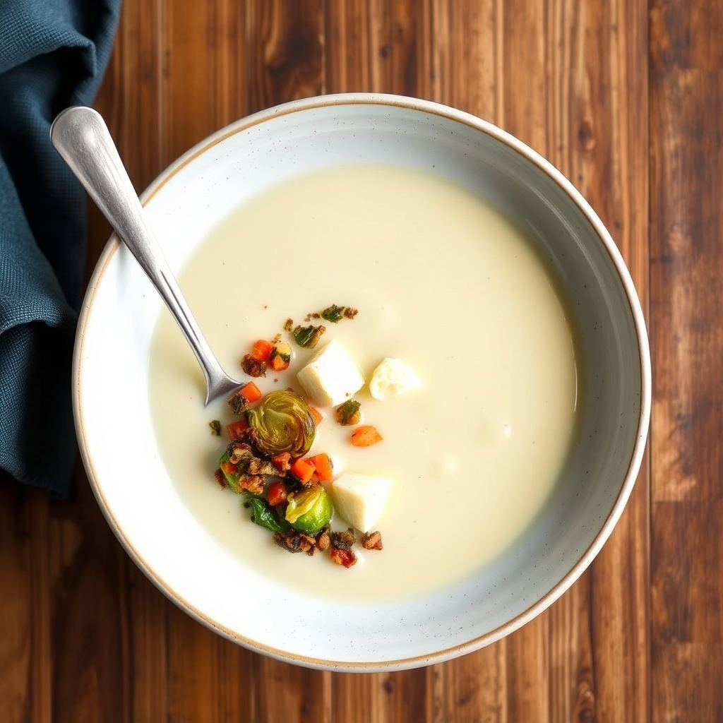 Blomkålsuppe, sprø rosenkål og røkt lakserogn