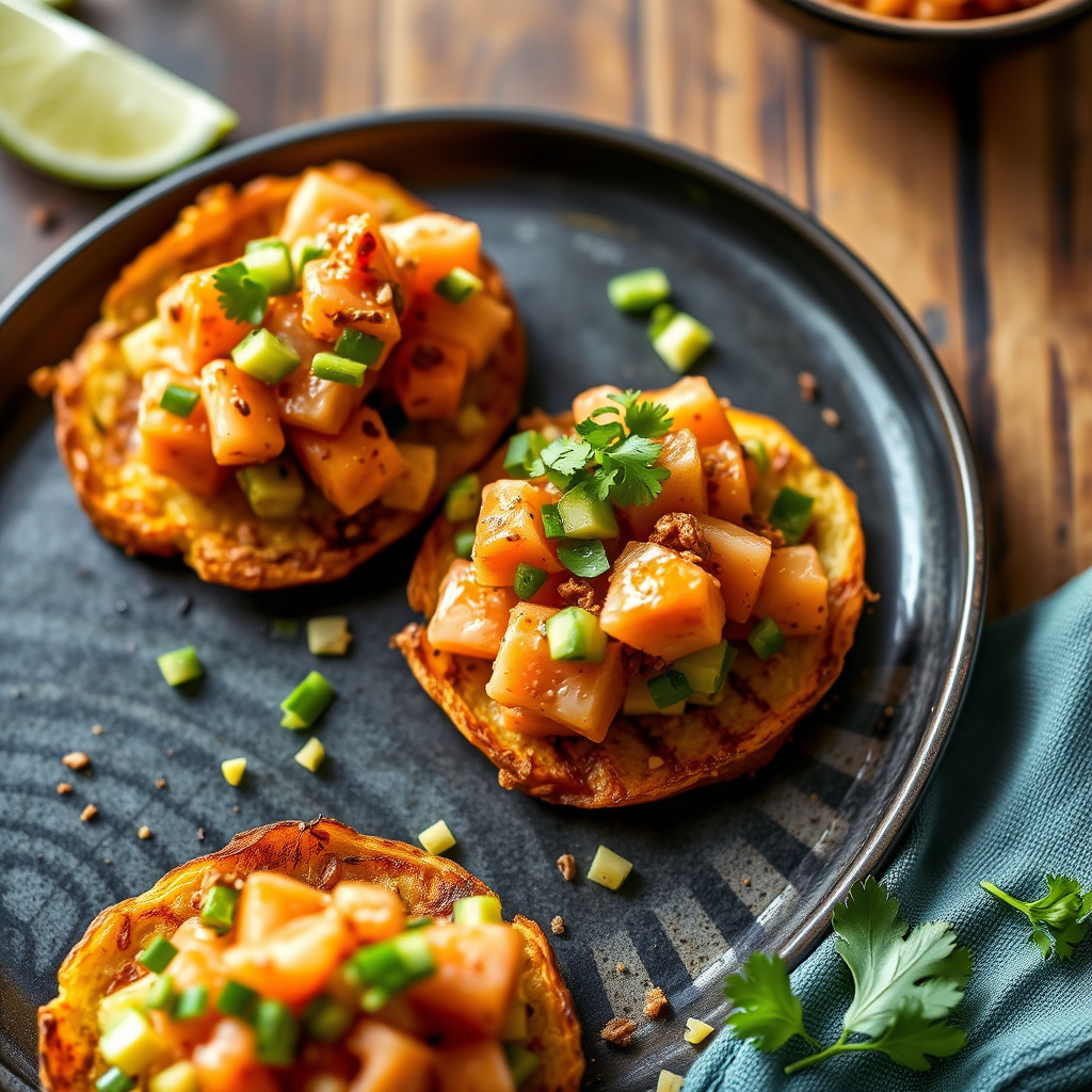 Bobby Flays Tostones med laksetartar og avokado-chipotle-relish