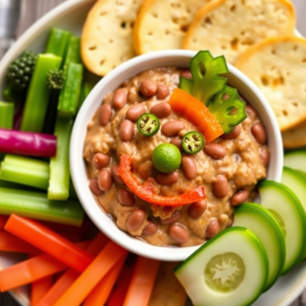 Bønne-dip med et grønnsaksansikt