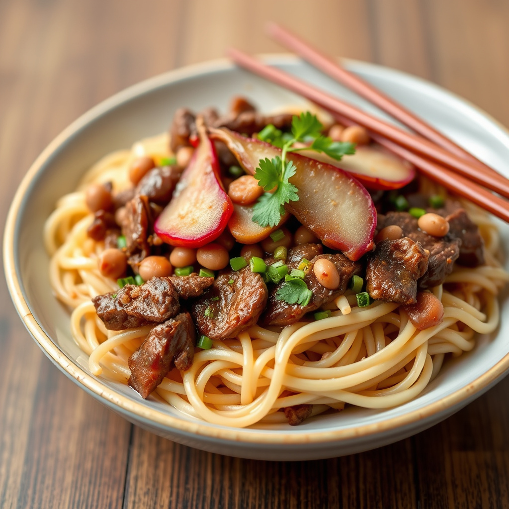 Bønnespaghetti med storfekjøtt og asiatisk pære