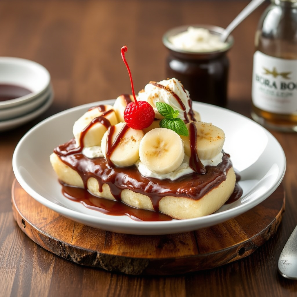 Bora Bora Banana Split med sjokoladeromsaus og romfudge