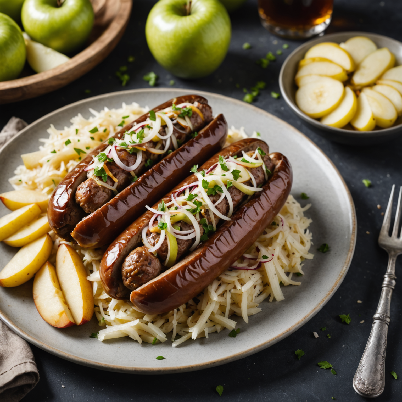 Bratwurst med epler, løk og surkål