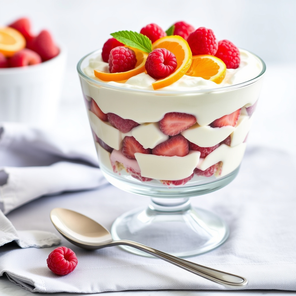 Bringebær- og appelsintrifle med vaniljekrem