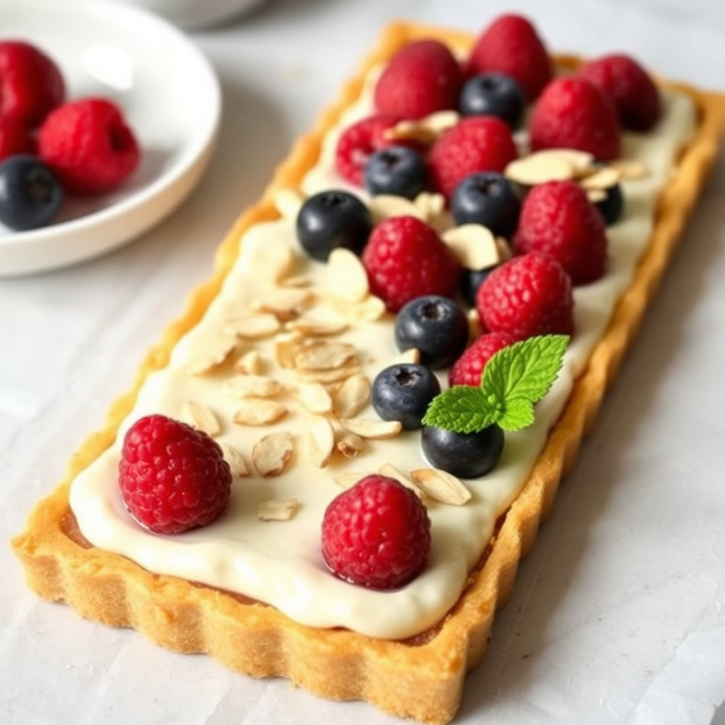 Bringebær- og blåbærmandeltærte