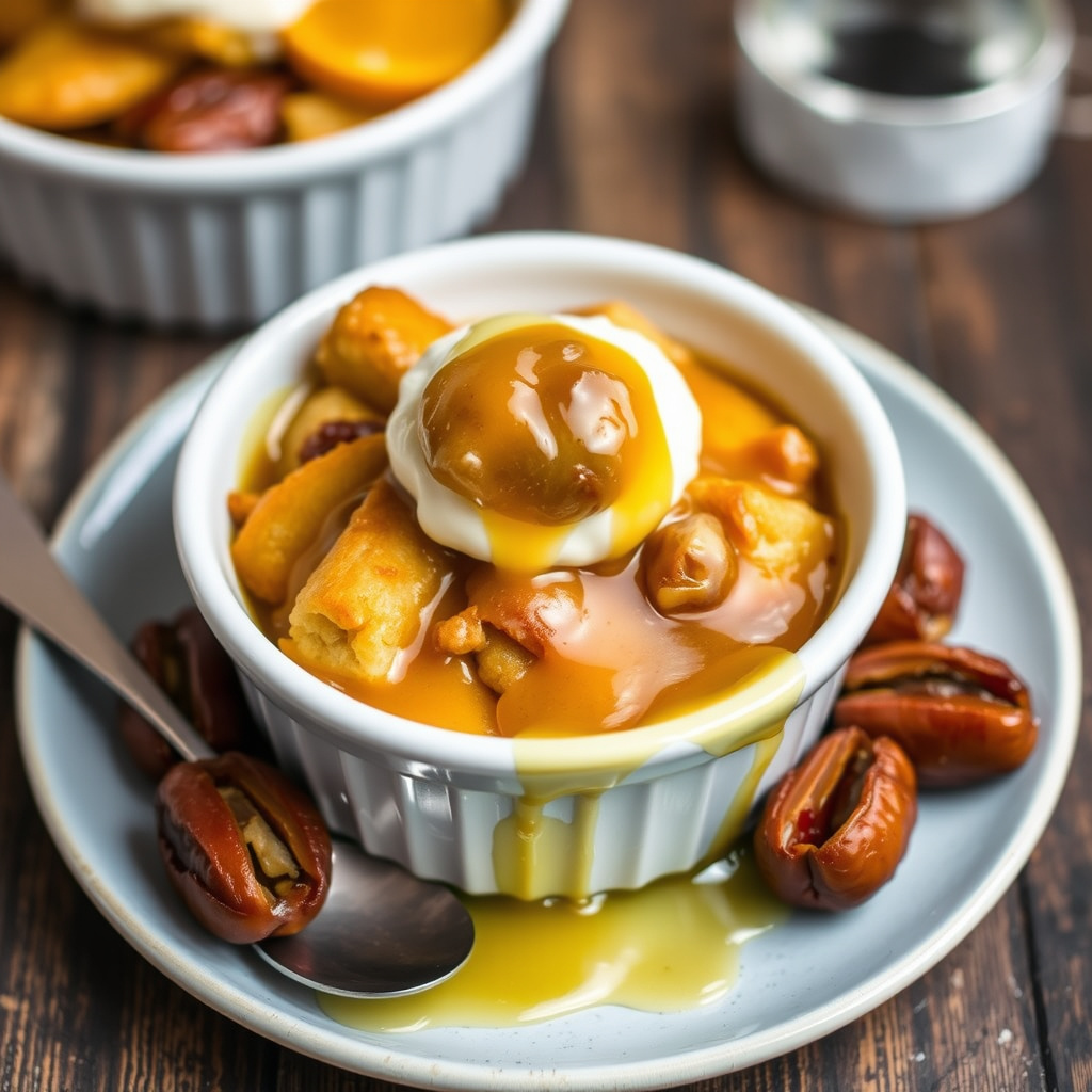 Brødterte med dadler og appelsin- og whiskeysaus